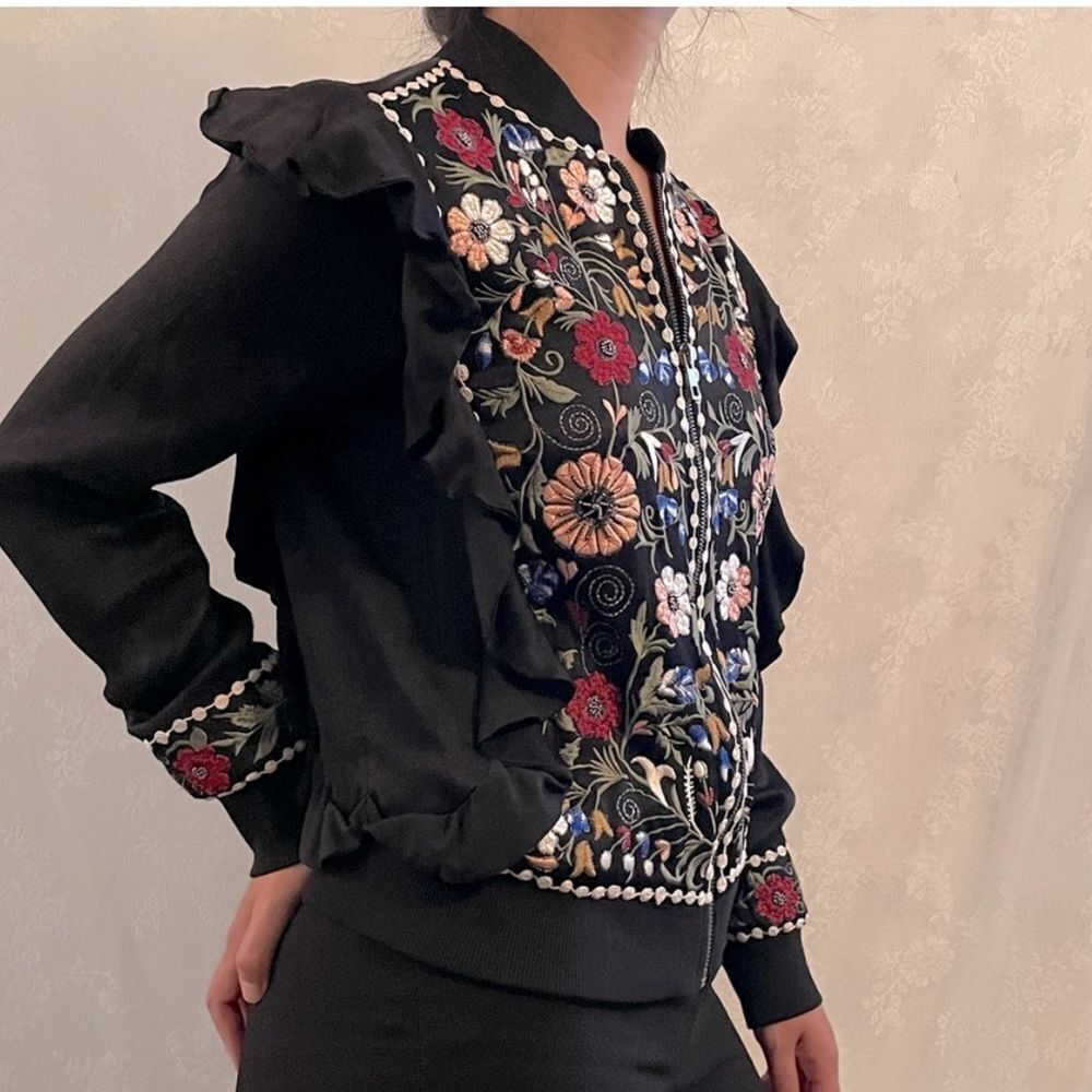 Zara viscose/cotton Floral Embroidered Black bomber Jacket, S - Picture 4 of 12